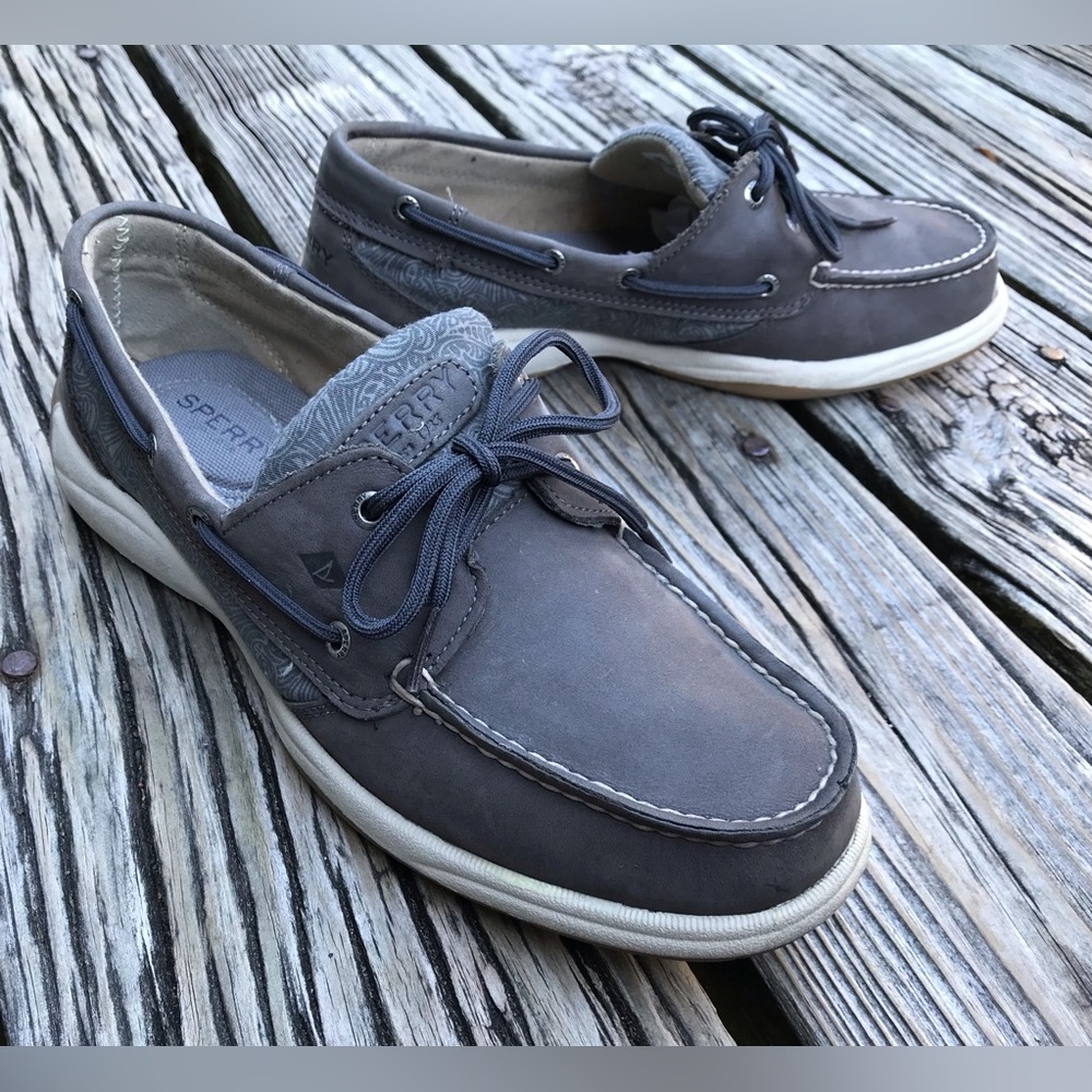 Ladies 9 M SPERRY TOP SIDER Charcoal Grey Patterned Boat Shoes Flat Loafers